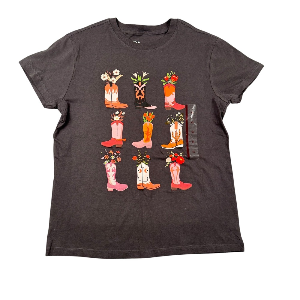 Doe Womens Charcoal Gray Floral Cowboy Boot Graphic T-Shirt XS‎ New Cotton Tee